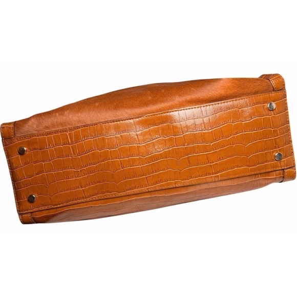 Claudia Firenze Calf Hair Leather Tote Bag Croc Embossed Trim Turn Lock Brown - Picture 6 of 13